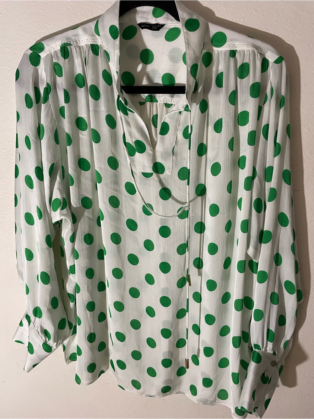 Splash White Blouse with Green Polka Dots and V-Neck Tie